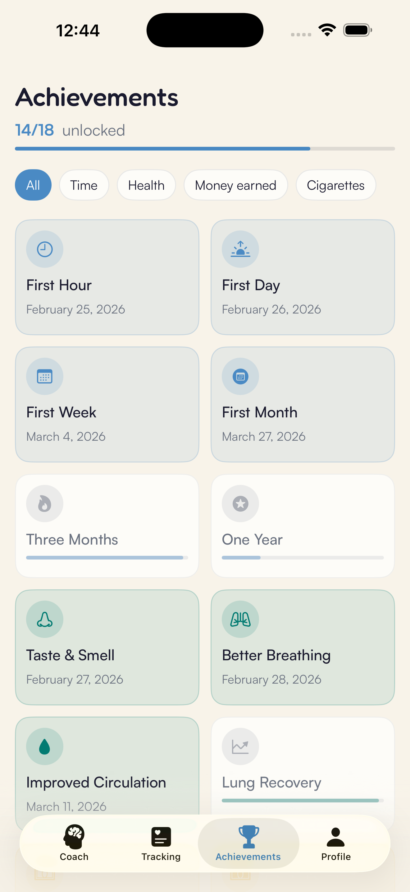 Kaiho achievements screen: 14 of 18 milestones unlocked