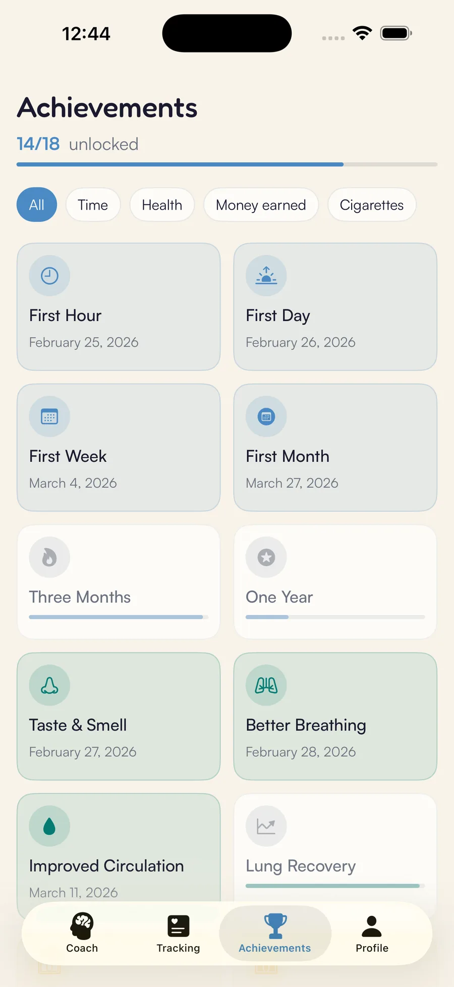 Kaiho achievements screen: 14 of 18 milestones unlocked