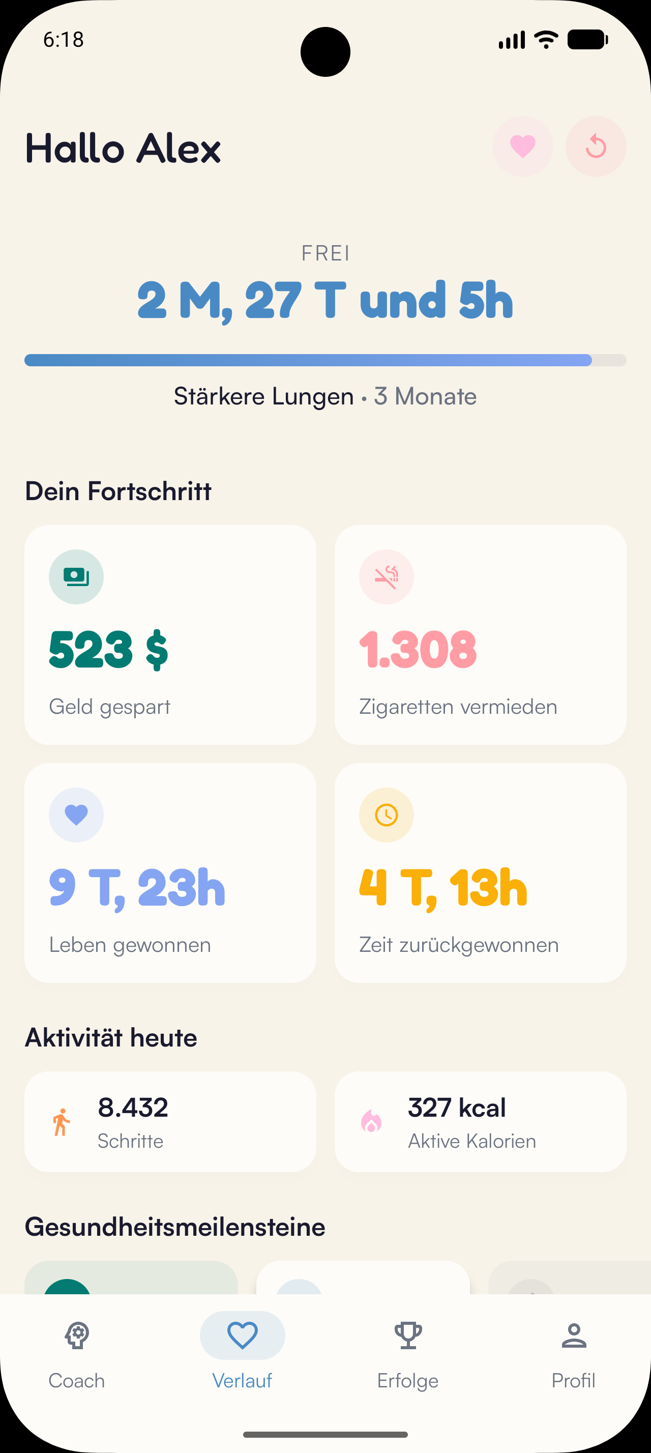 Kaiho-Dashboard auf Android: gewonnene Zeit, gespartes Geld, vermiedene Zigaretten