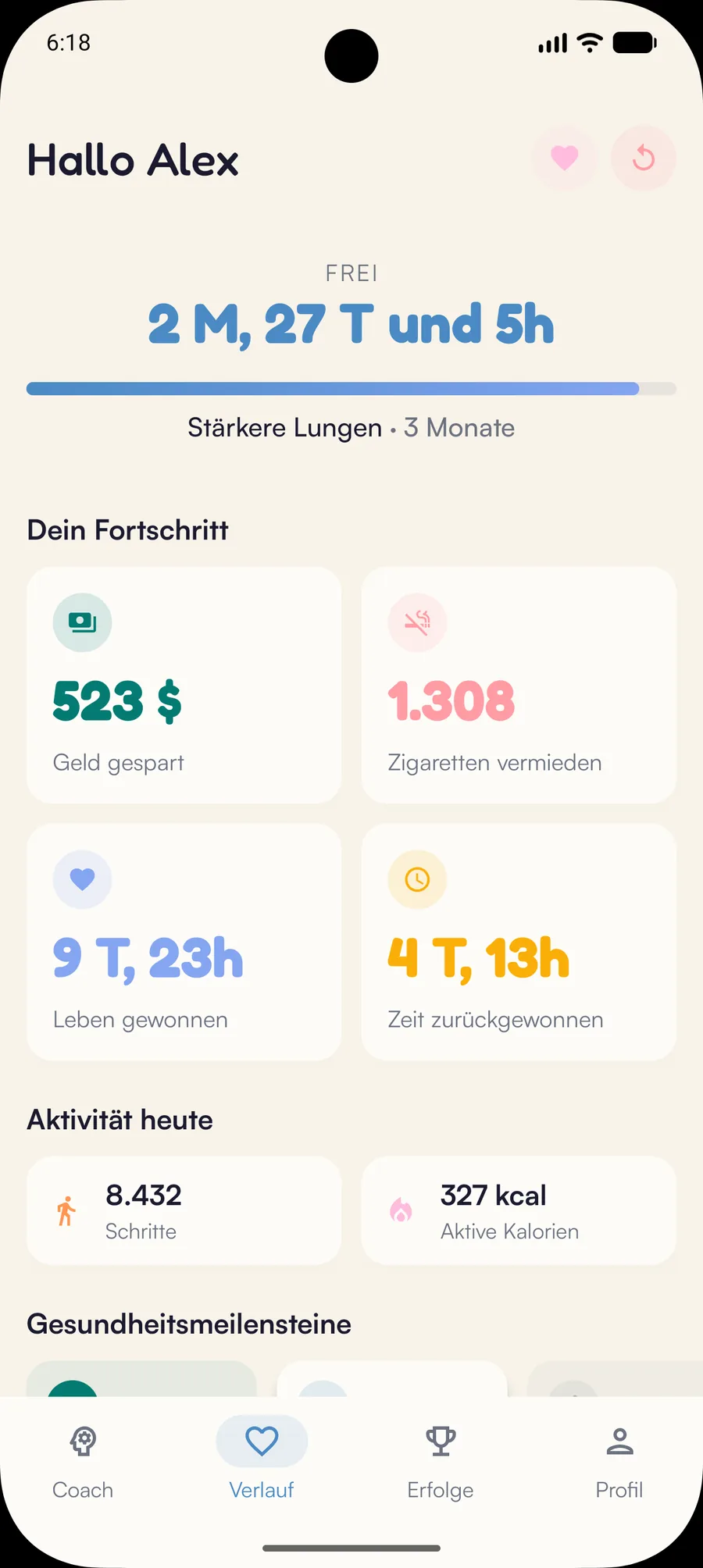 Kaiho-Dashboard auf Android: gewonnene Zeit, gespartes Geld, vermiedene Zigaretten