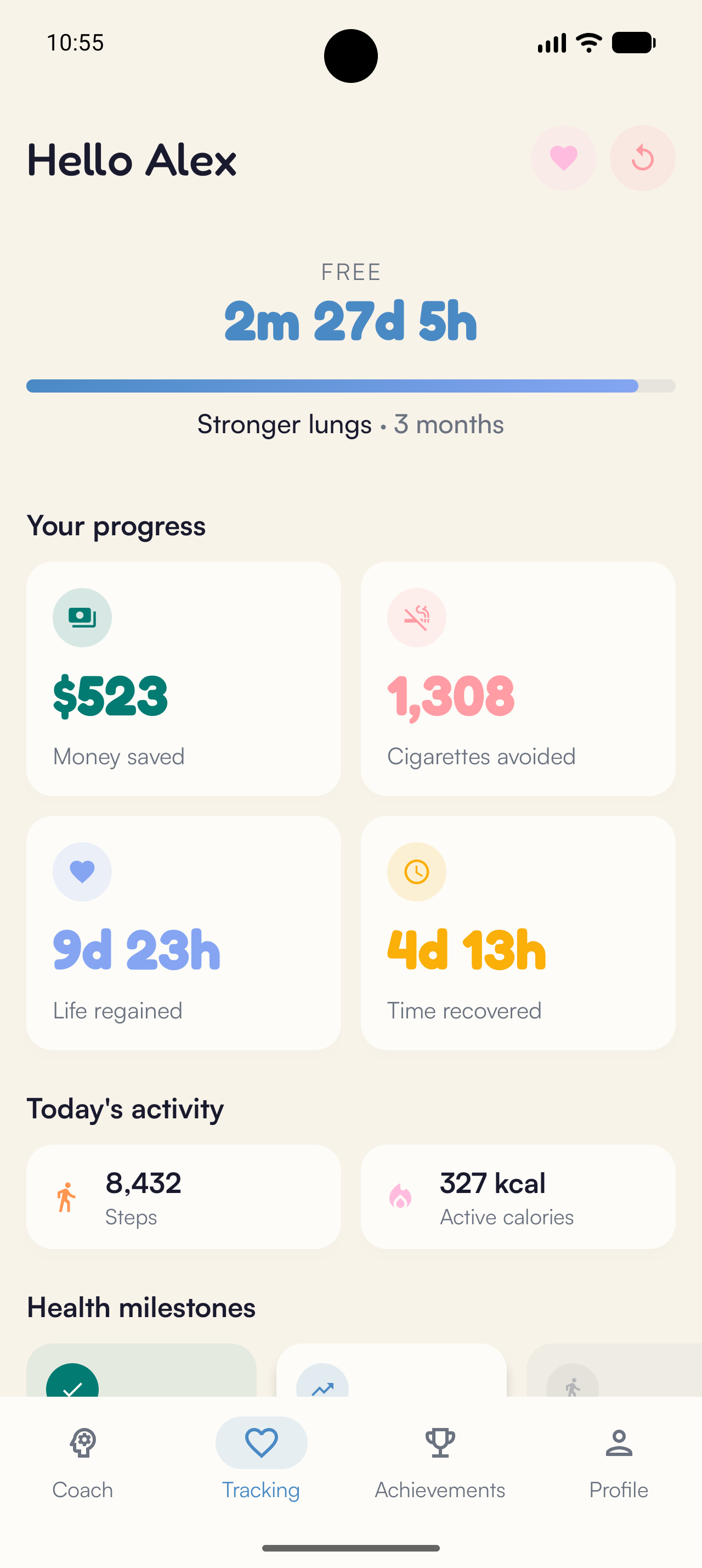 Kaiho dashboard on Android: time reclaimed, money saved, cigarettes avoided