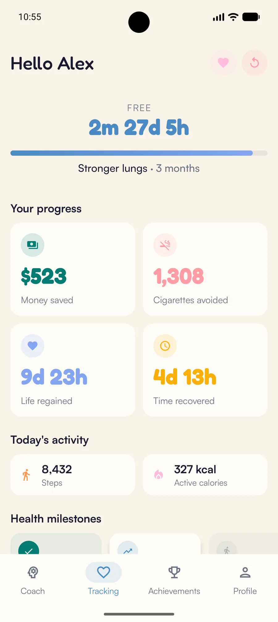 Kaiho dashboard on Android: time reclaimed, money saved, cigarettes avoided
