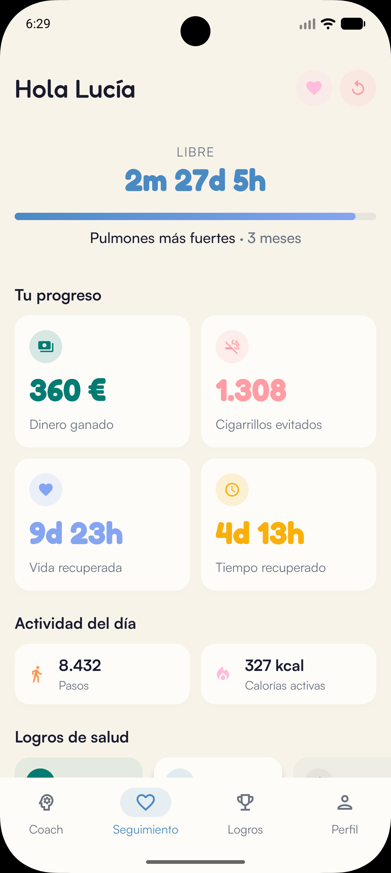 Panel Kaiho en Android: tiempo recuperado, dinero ganado, cigarrillos evitados