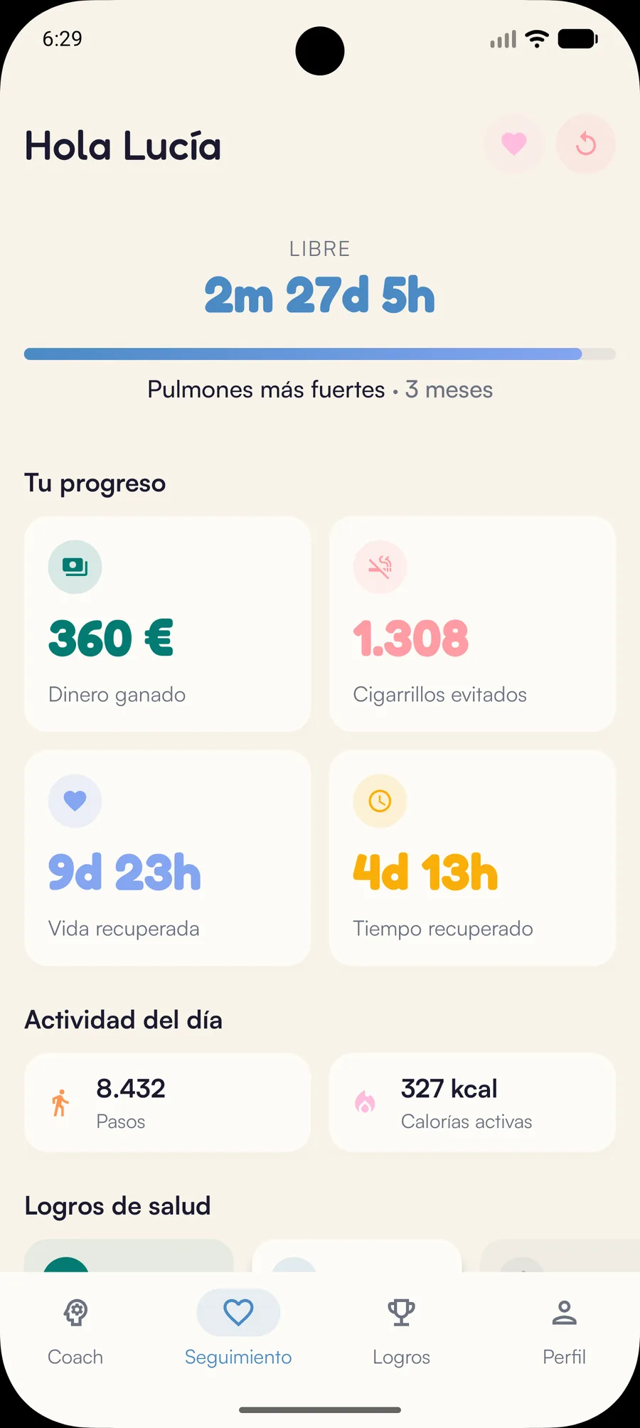 Panel Kaiho en Android: tiempo recuperado, dinero ganado, cigarrillos evitados