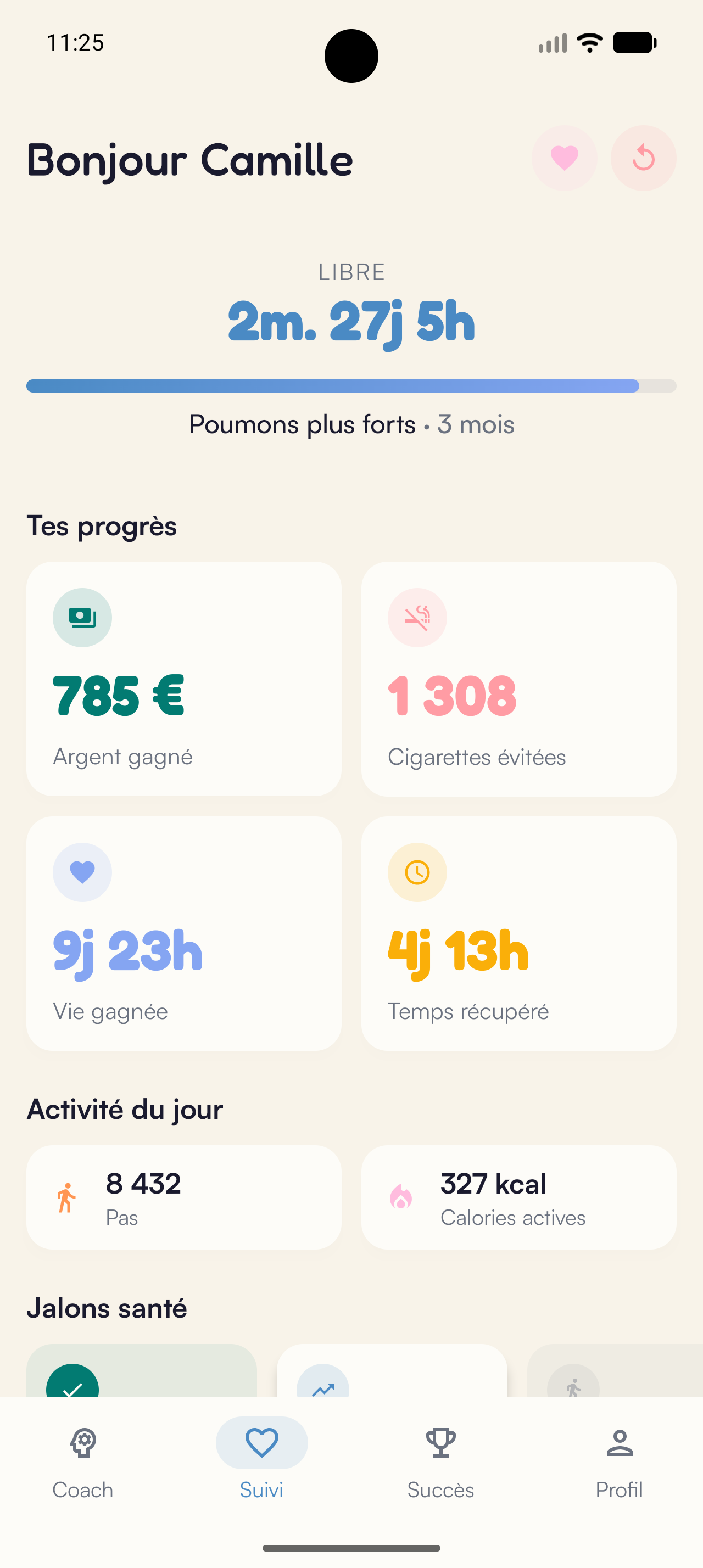 Tableau de bord Kaiho sur Android : temps libéré, argent gagné, cigarettes évitées
