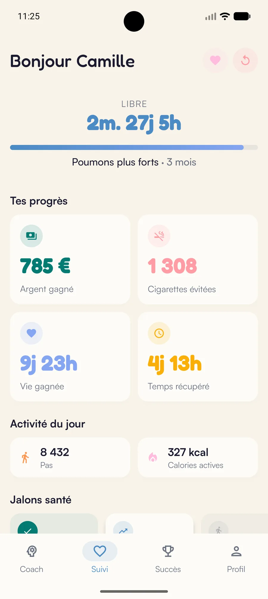Tableau de bord Kaiho sur Android : temps libéré, argent gagné, cigarettes évitées
