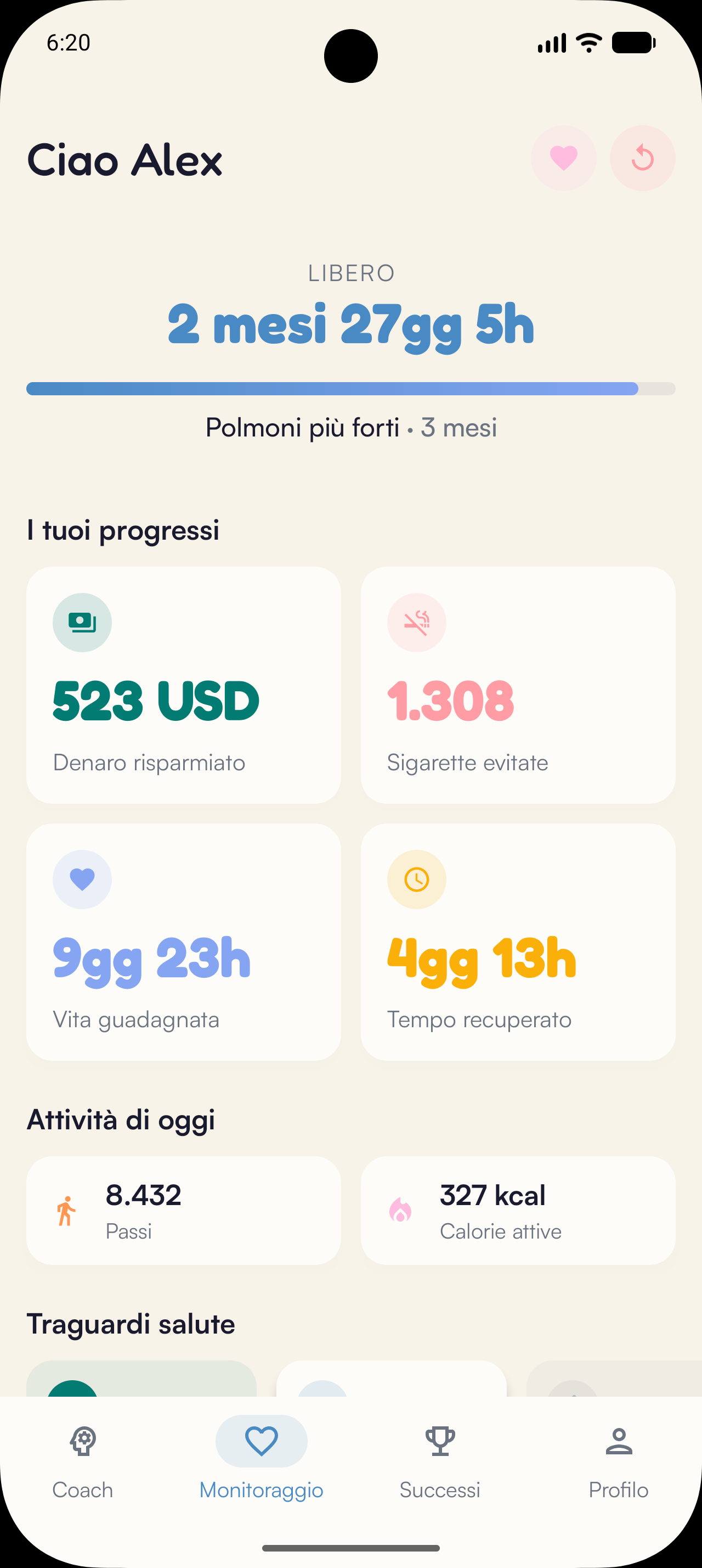 Dashboard Kaiho su Android: tempo recuperato, denaro risparmiato, sigarette evitate