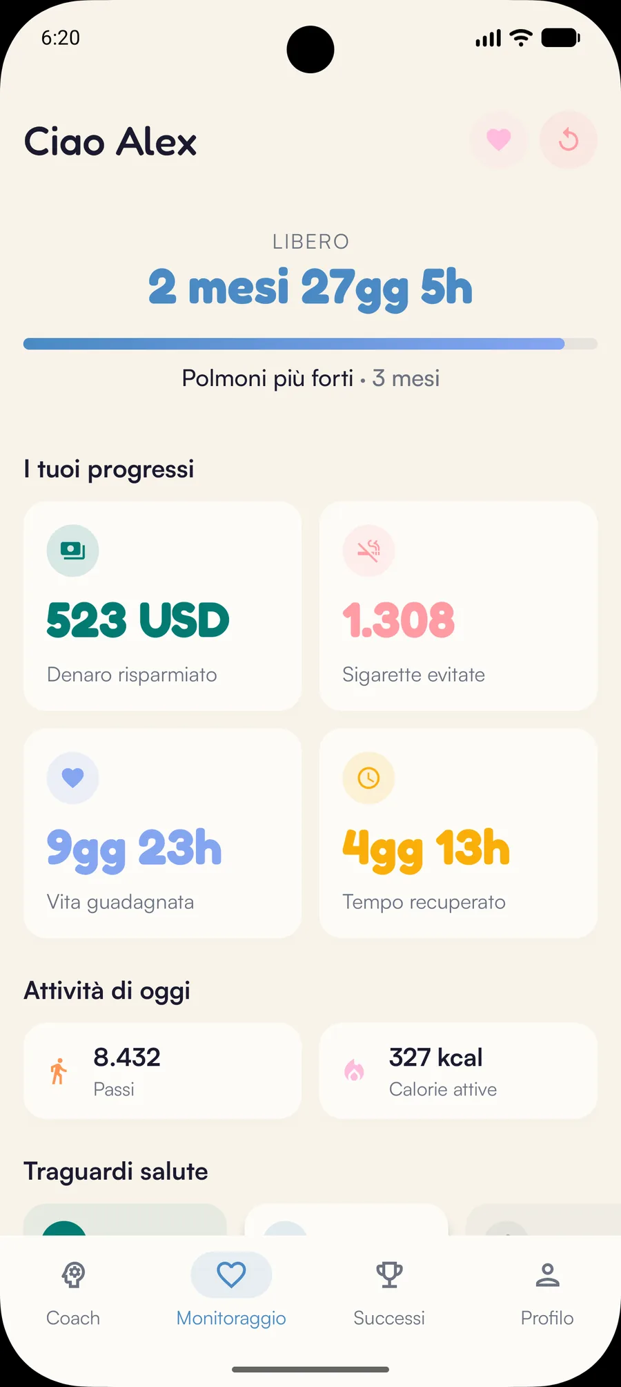 Dashboard Kaiho su Android: tempo recuperato, denaro risparmiato, sigarette evitate