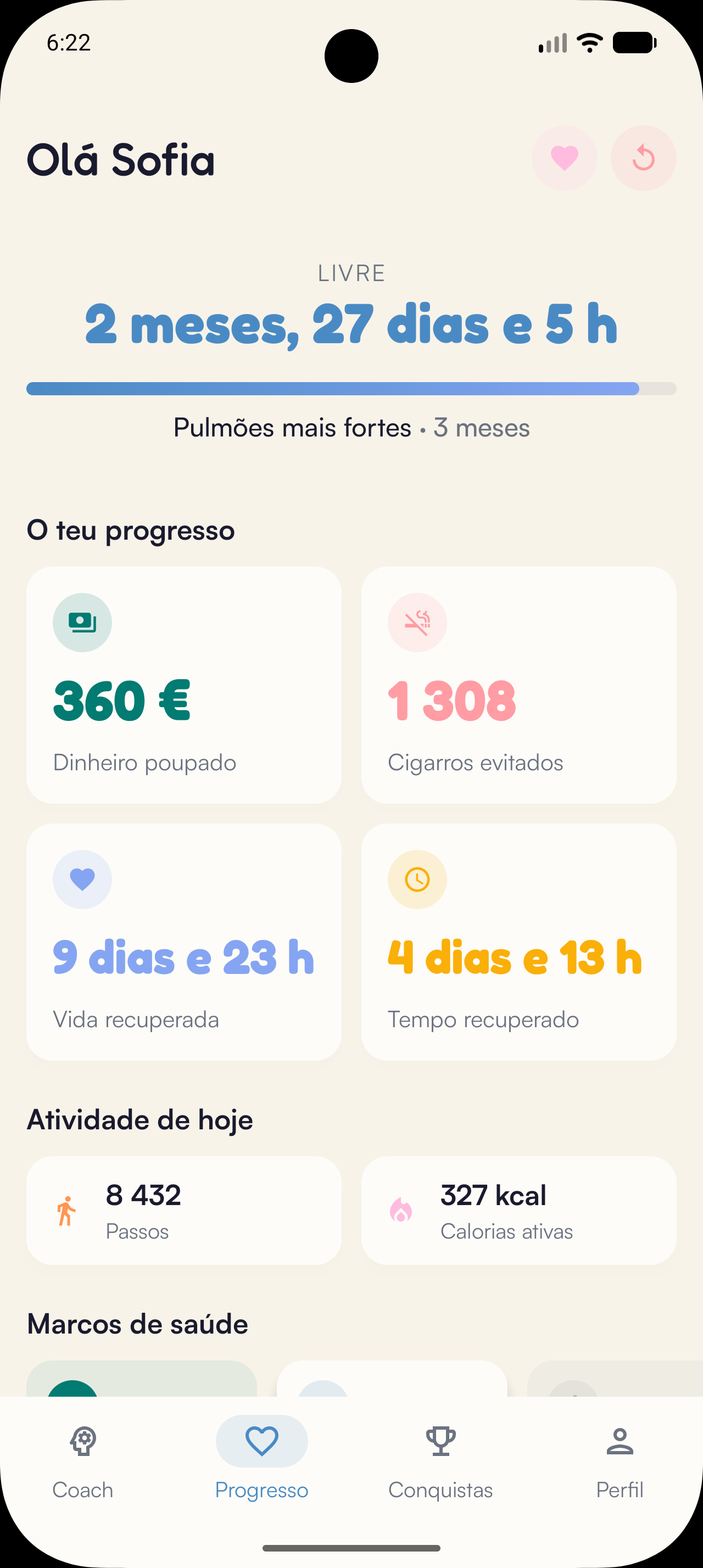 Painel Kaiho no Android: tempo recuperado, dinheiro poupado, cigarros evitados