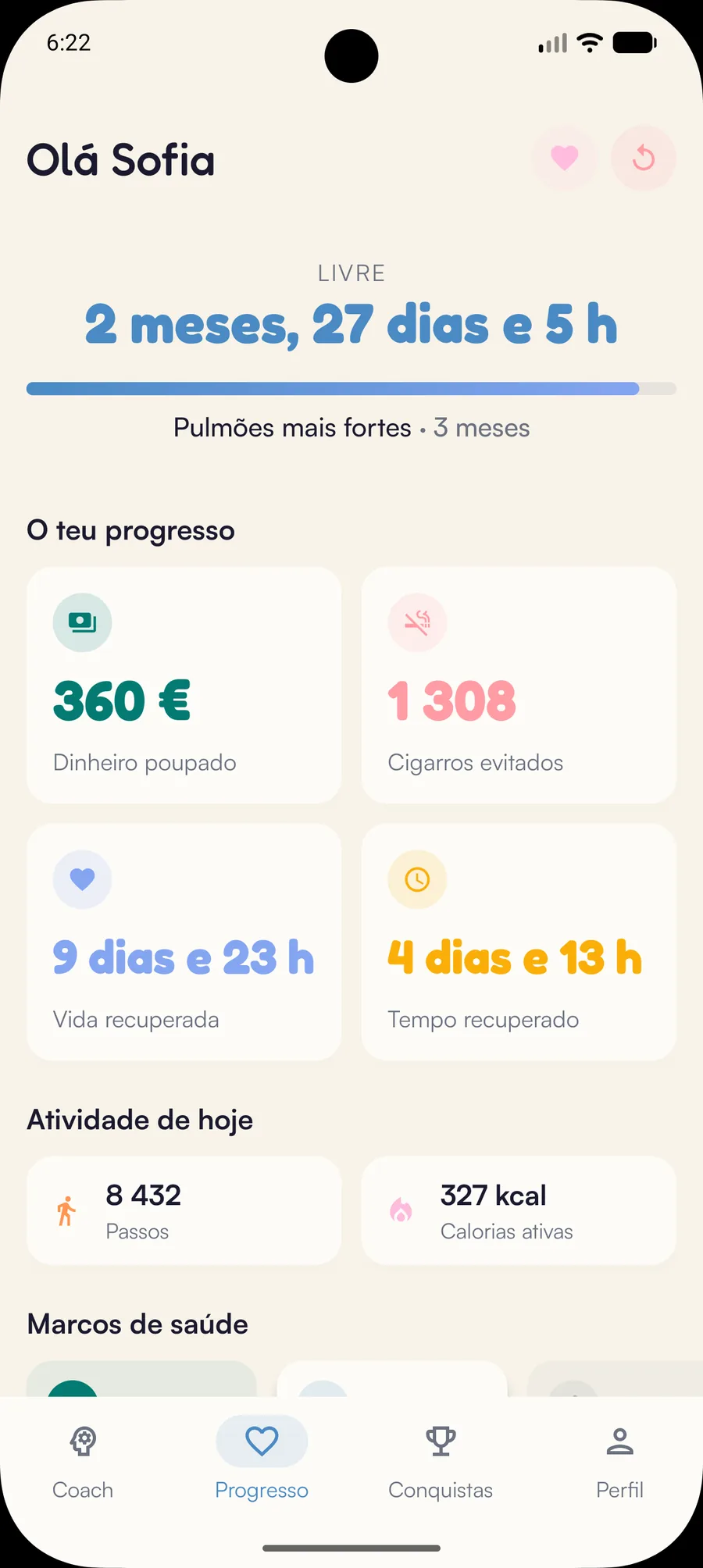 Painel Kaiho no Android: tempo recuperado, dinheiro poupado, cigarros evitados