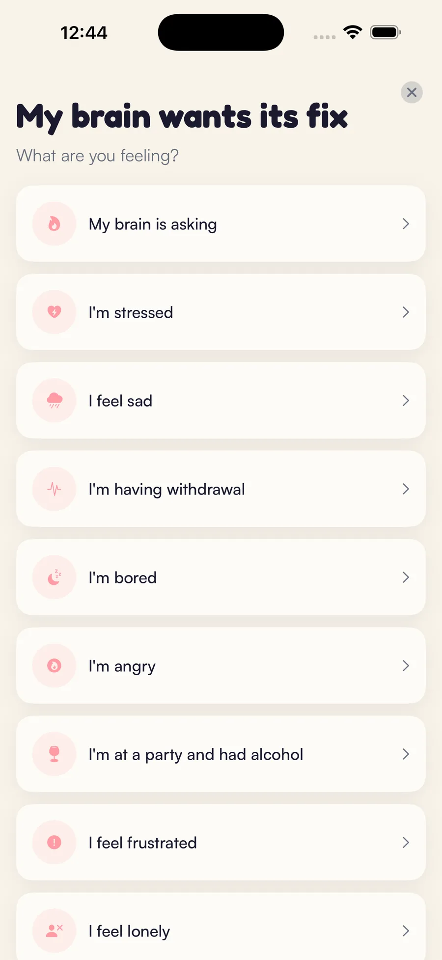 Kaiho craving support screen: choose what you're feeling
