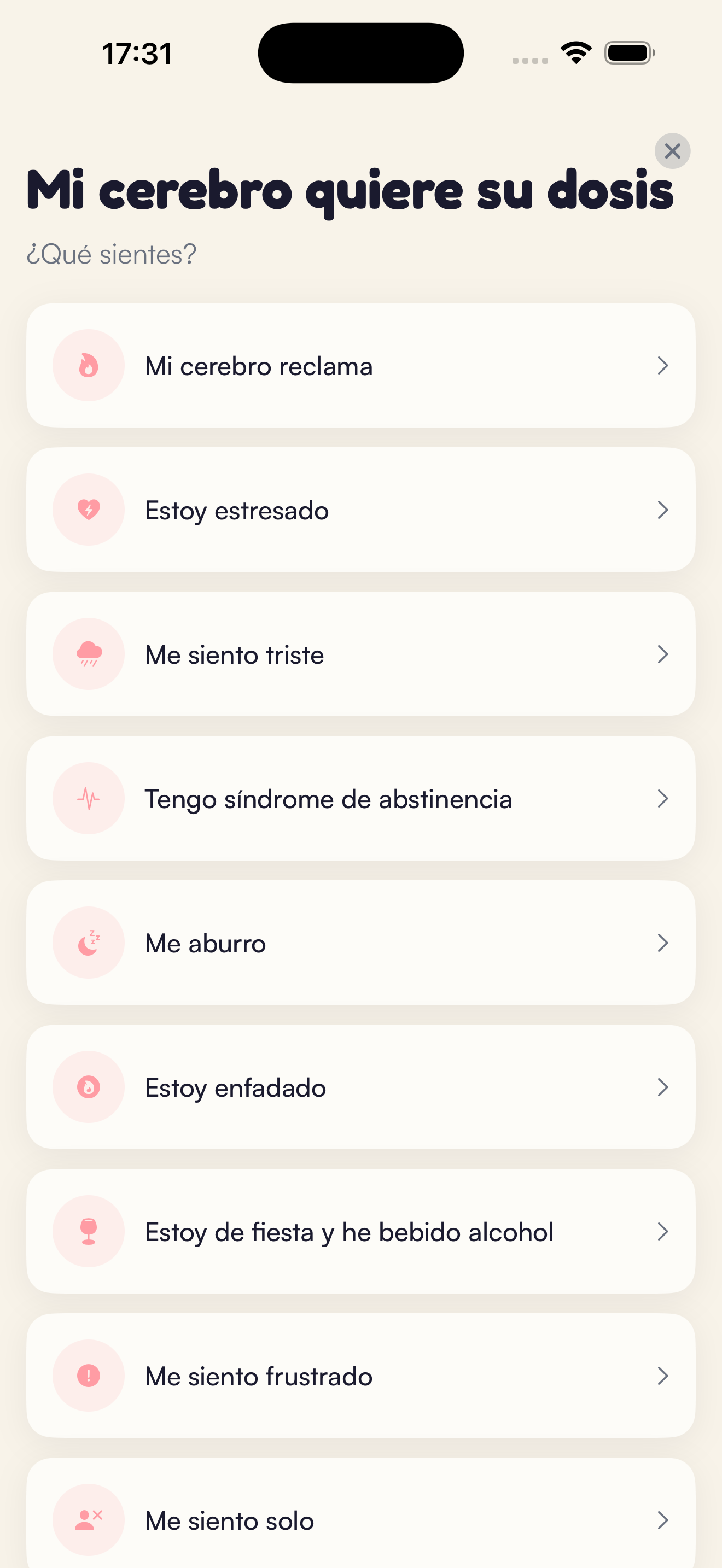 Pantalla de gestión de ganas Kaiho: elige lo que sientes