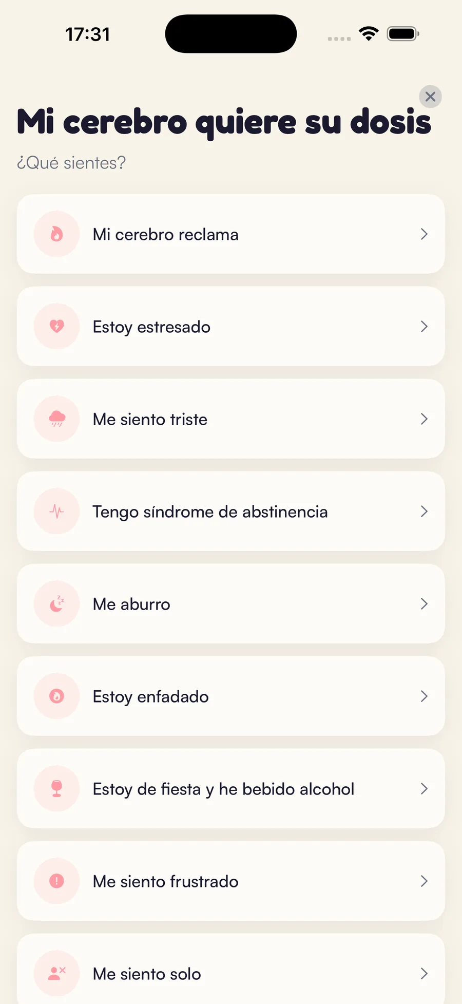 Pantalla de gestión de ganas Kaiho: elige lo que sientes