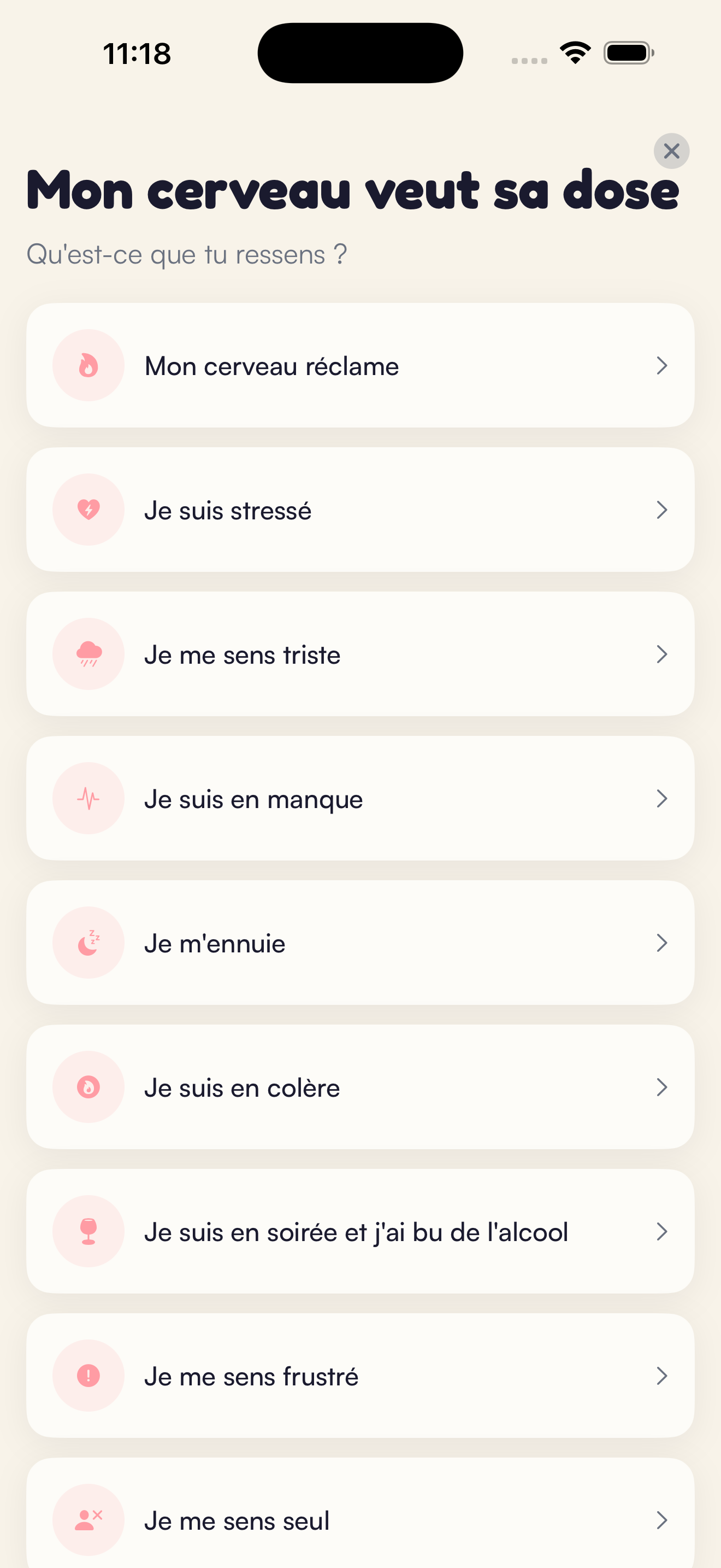 Écran gestion des envies Kaiho : choisis ce que tu ressens