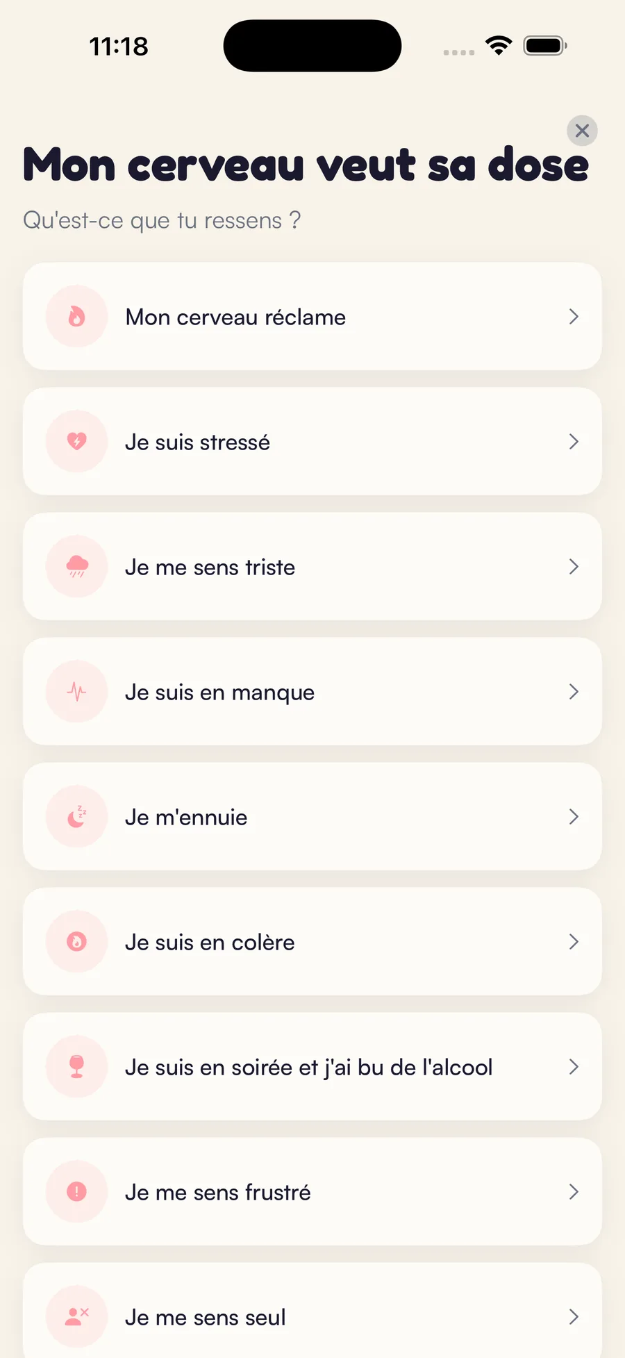 Écran gestion des envies Kaiho : choisis ce que tu ressens
