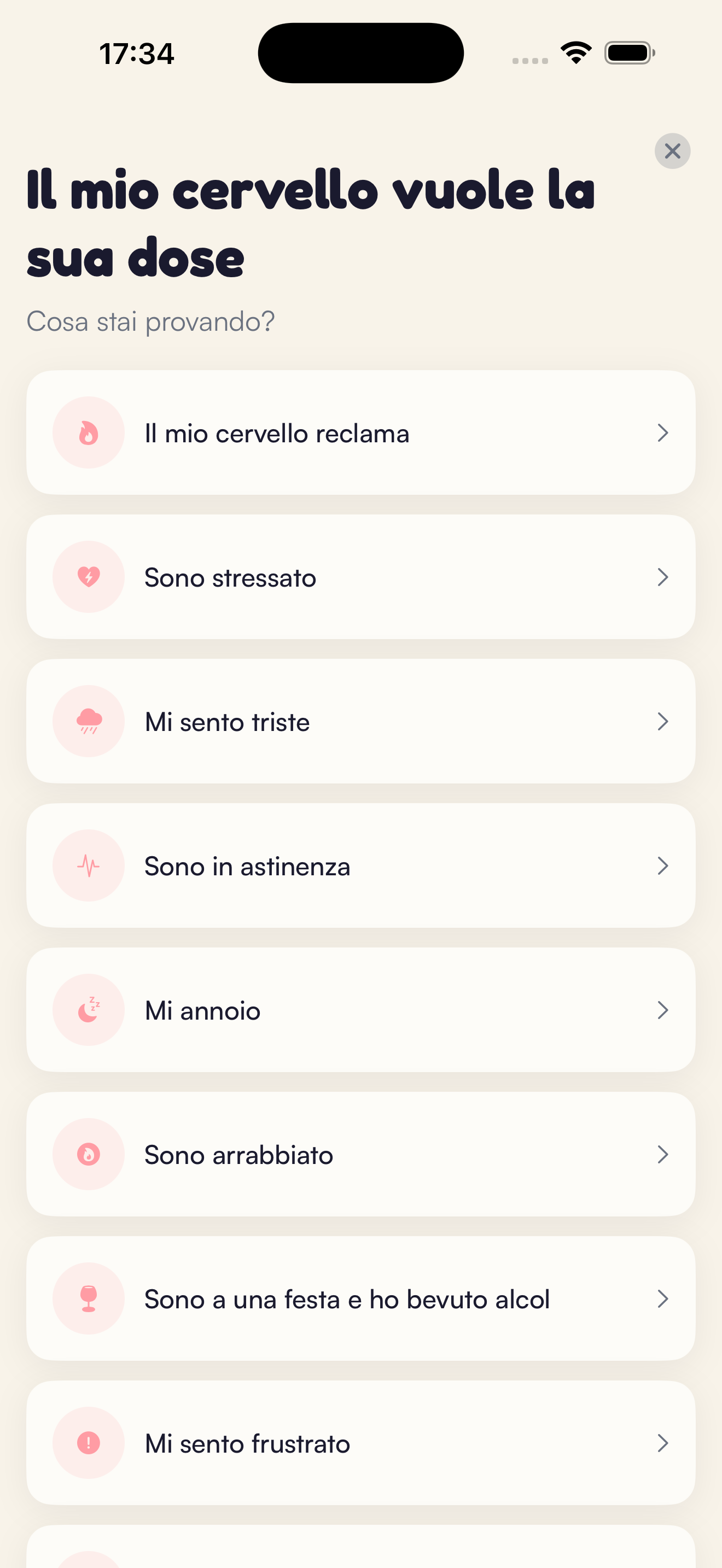 Schermata gestione voglie Kaiho: scegli cosa senti