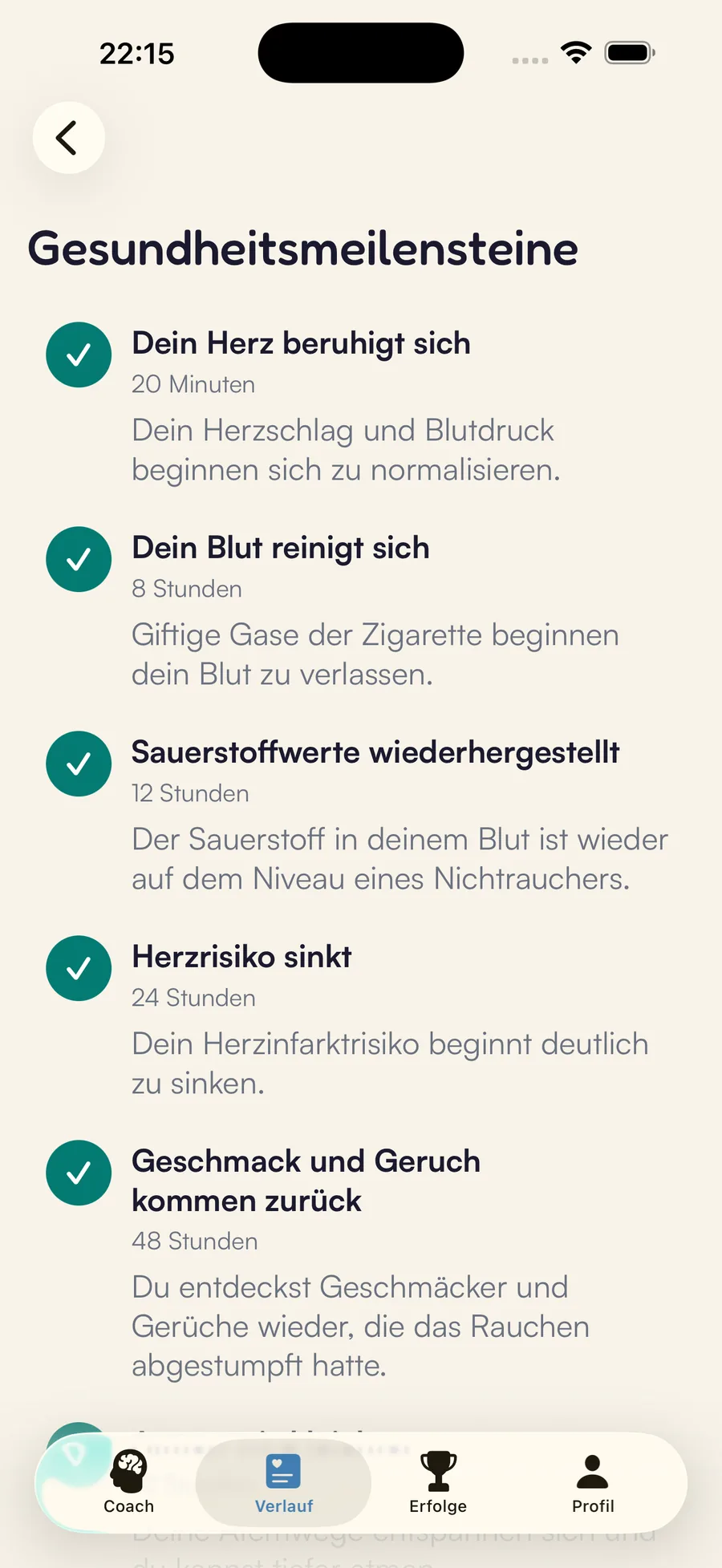 Kaiho-Gesundheits-Timeline: mit der Zeit freigeschaltete Gesundheitsmeilensteine