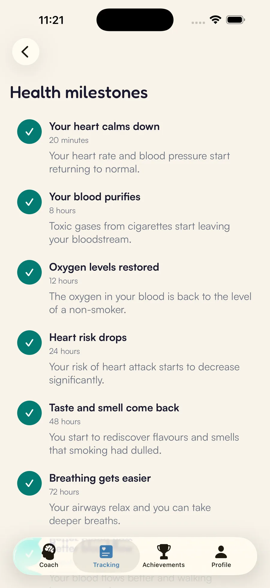 Kaiho health timeline: health milestones unlocked over time