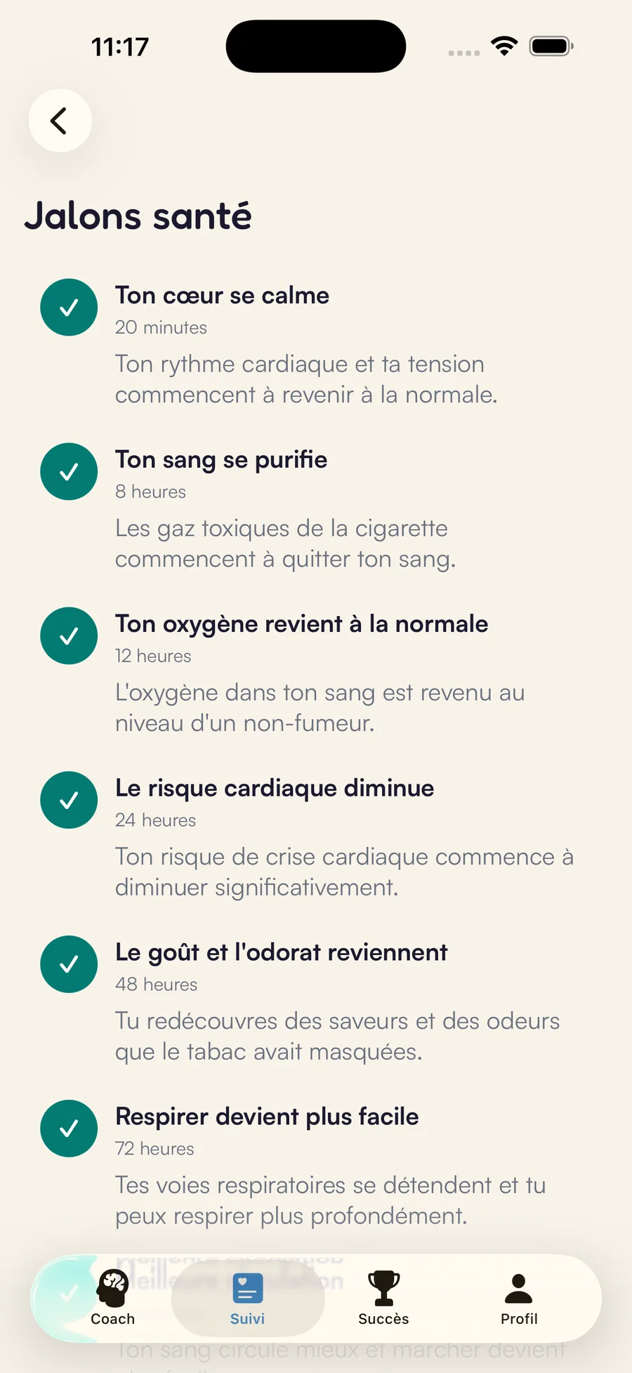 Timeline santé Kaiho : bénéfices santé débloqués au fil du temps