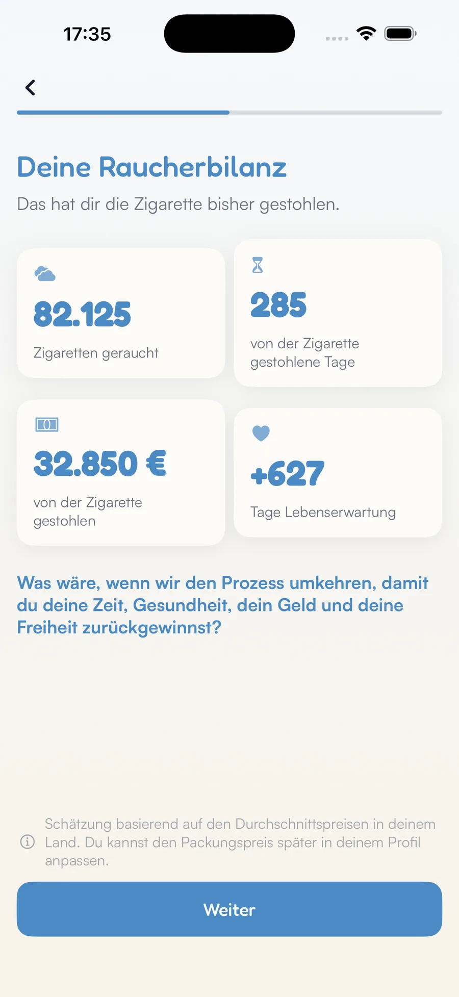 Kaiho-Vorbereitungsbildschirm: ein geöffnetes Modul zur Vorbereitung auf den Rauchstopp