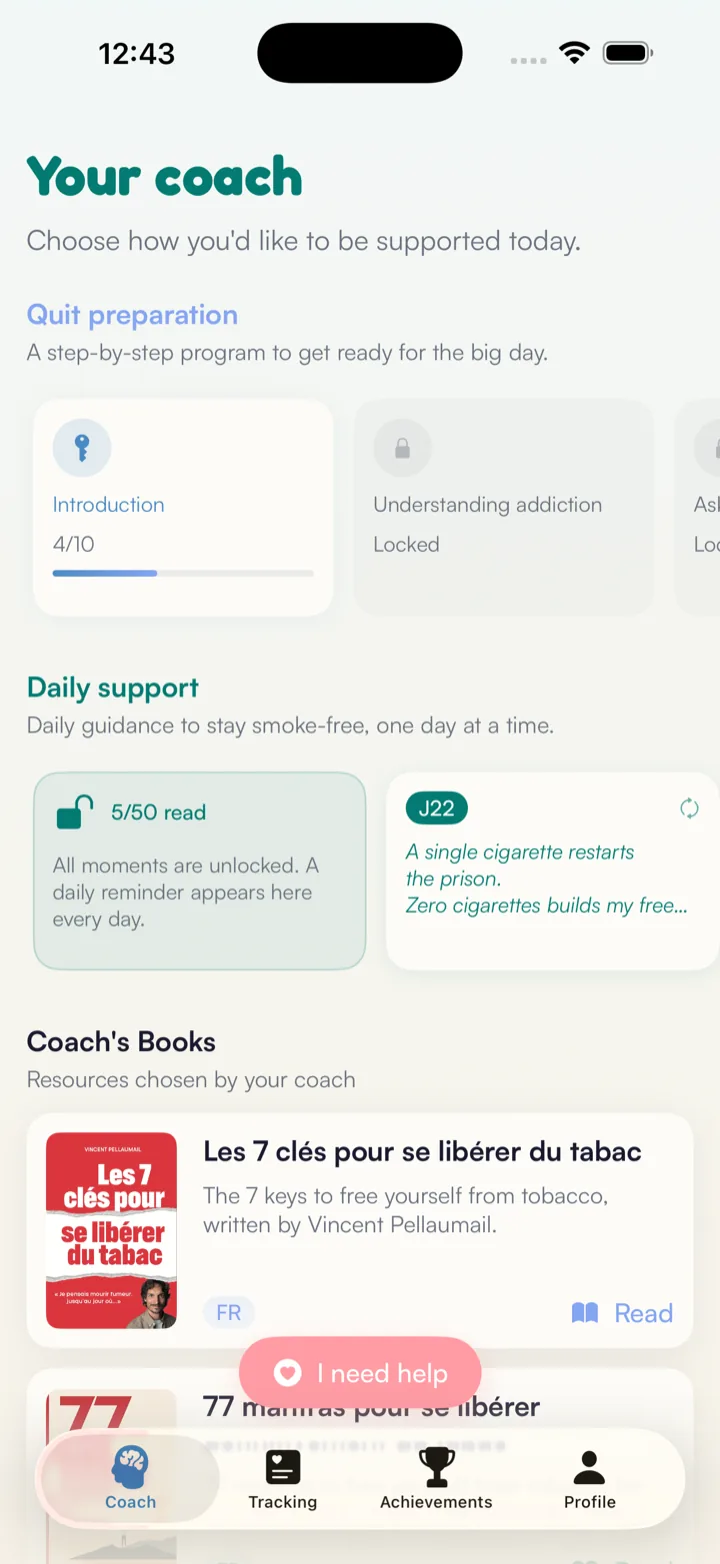 Coach screen: quit preparation, daily support and Vincent Pellaumail's books
