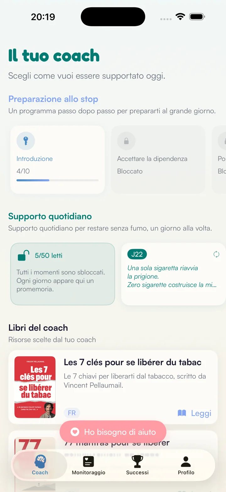 Schermata coach: preparazione allo smettere, accompagnamento quotidiano e libri di Vincent Pellaumail