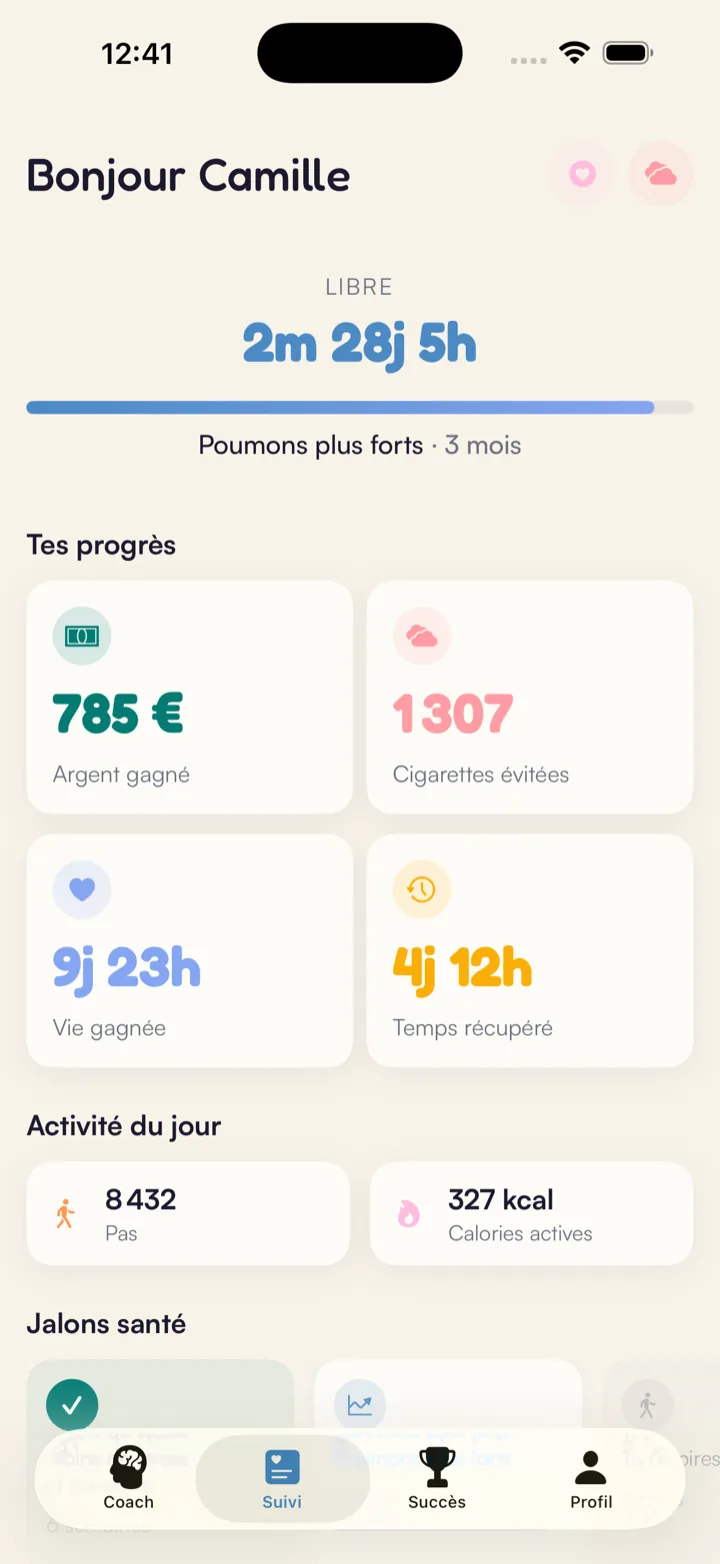 Écran de suivi : temps libéré, argent gagné, cigarettes évitées et jalons de santé